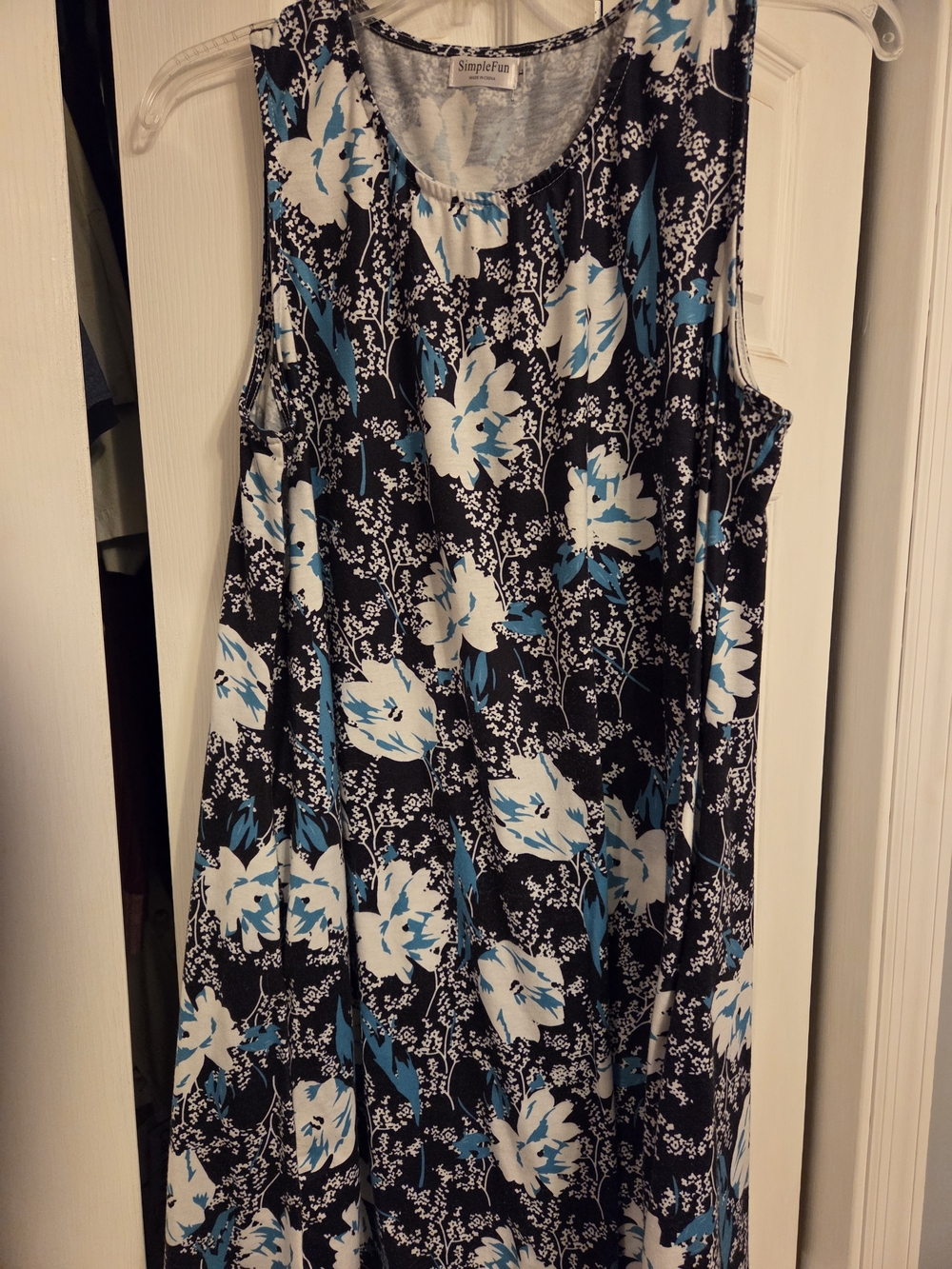 Simple Black Floral Midi Dress with White and Blue Blooms